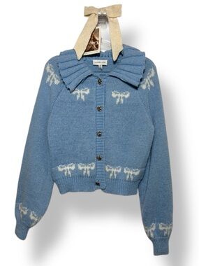 Sincerely Jules Sweater Blue Bow Motif Knit Cardigan & Hair Bow Size Medium